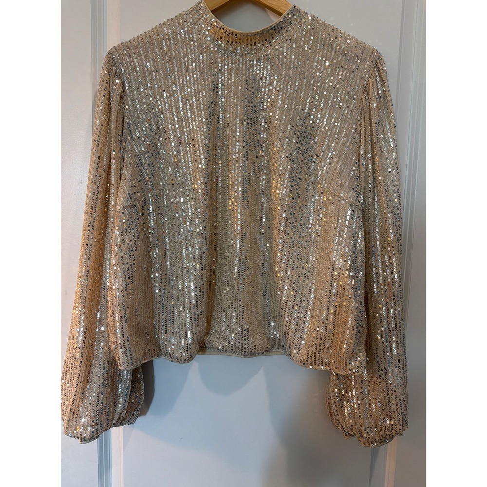 SHEIN Curve Sequin Blouse 1XL Champagne Gold Mock Neck Balloon Sleeve Party Top